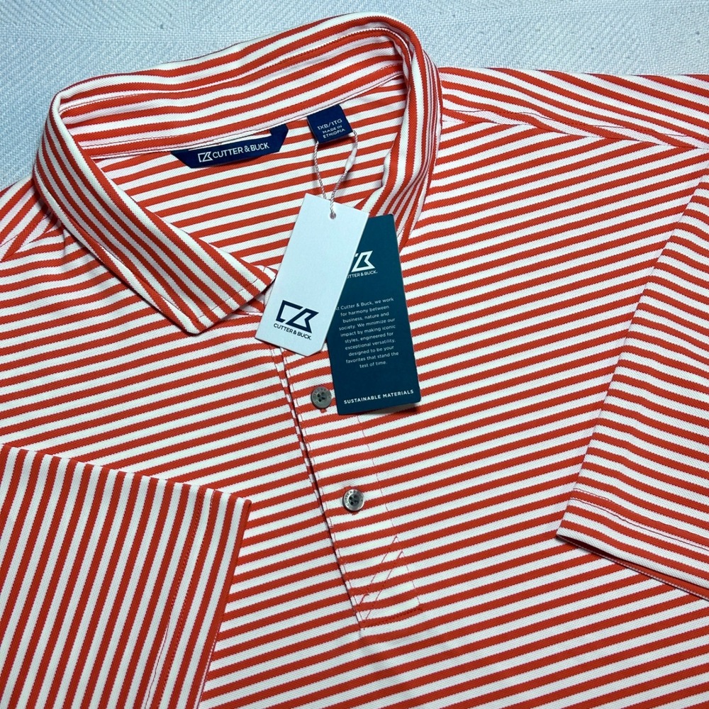 NEW Cutter & Buck Polo Shirt Mens 1XB Virtue Eco Pique‎ Recycled Orange Striped